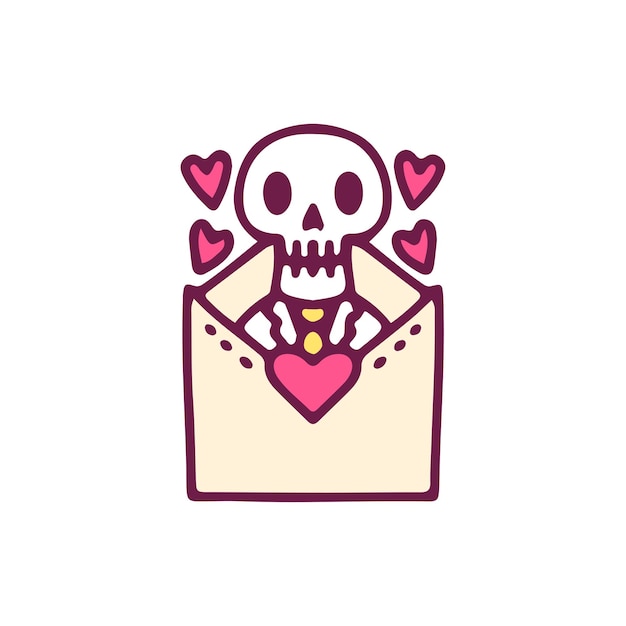 Vector kawaii skulk inside a love letter, illustration for t-shirt, sticker, or apparel.