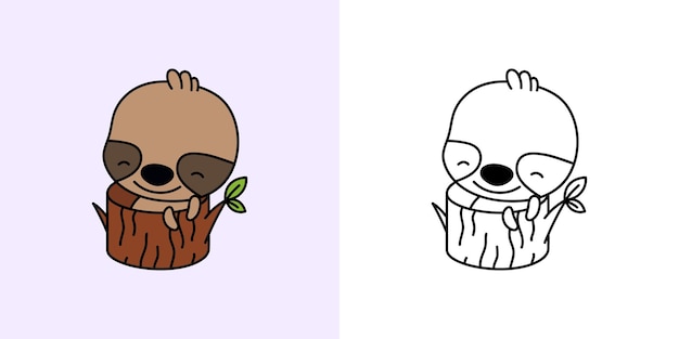 Kawaii Sloth Clipart Разноцветный и черно-белый. Симпатичный кавайский ленивец.