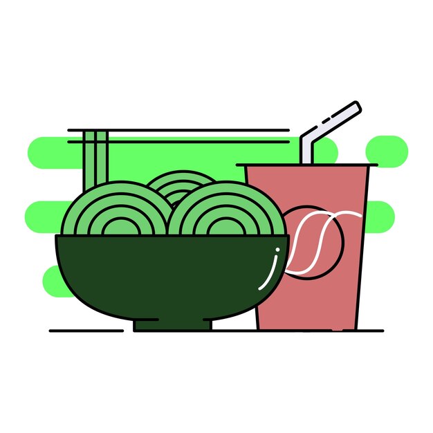 kawaii soda cold drink with bowl soup noodle cartoon style vector icon illustration