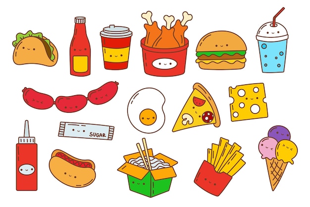 Collezione di adesivi kawaii per fast food con simpatiche illustrazioni di cibo kawaii