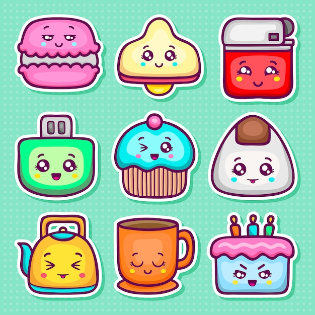 Vector kawaii sticker icons hand drawn doodle coloring