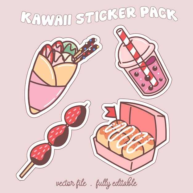 Kawaii sticker set or elements with cute japan anime manga cartoon style vector illustration