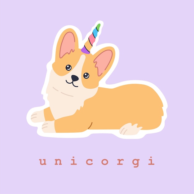 Vector kawaii sticker van schattige corgi eenhoorn met kleurrijke regenbooghoorn