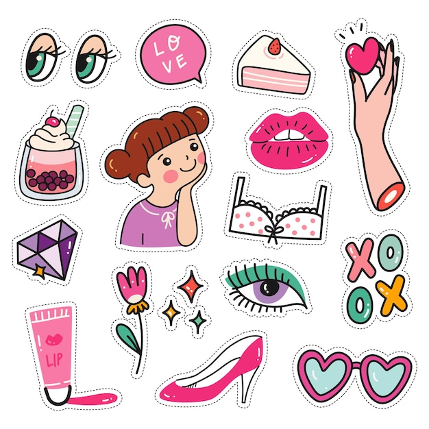 Kawaii-stickerset in doodle-stijl