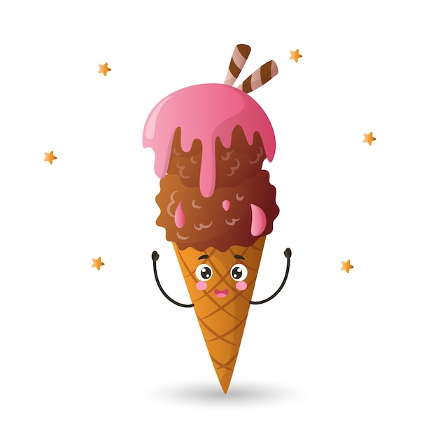 Vector kawaii-stijl ijs, kawaii schattig ijs, chocoladeroom, hoorntje met chocolade-ijs