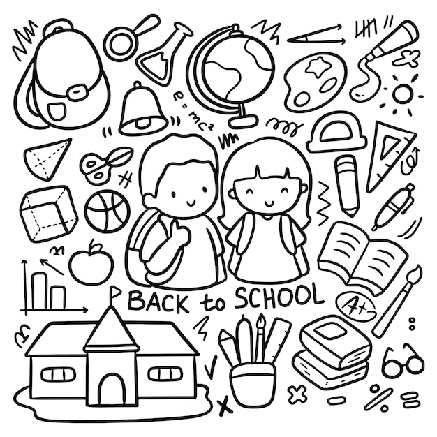 Kawaii stijl terug naar school doodle illustraties vectorillustratie