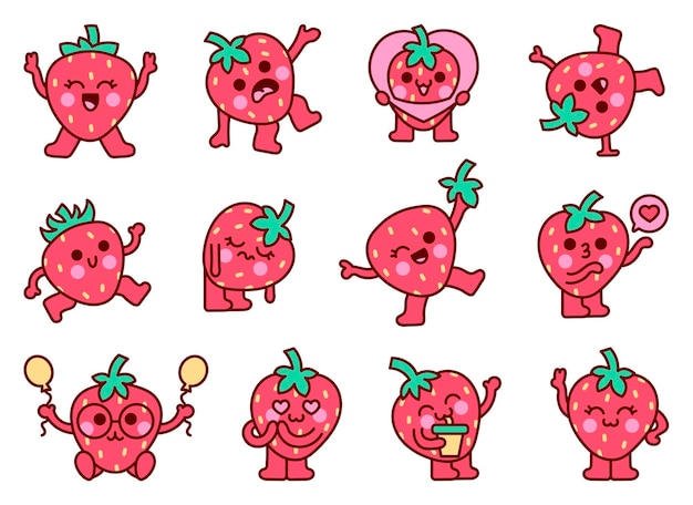 Kawaii strawberry character Cute cartoon fruit Hand drawn style Vector drawing