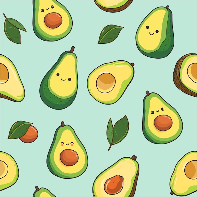 Вектор Кавайский стиль зеленого здорового авокадо бесконечный редактируемый рисунок