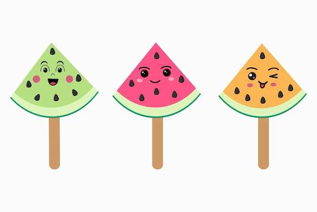 Kawaii style popsicles on a stick in the shape of a watermelon