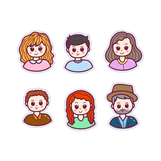 Kawaii style set of hand drawn people avatar doodle illustrations