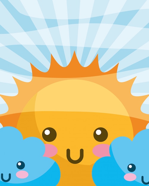 Kawaii sun clouds happy cartoon