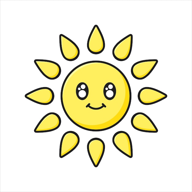 Kawaii sun flat illustration Yellow sun with smiling face and black outline