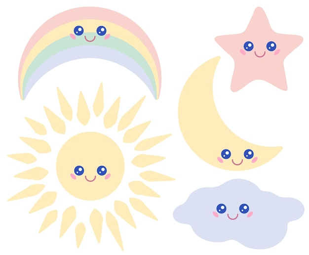 Kawaii sun star rainbow smiling moon face and blue cloud illustration vector collection