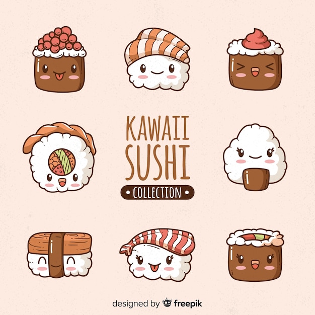 Collezione disegnata a mano di sushi kawaii