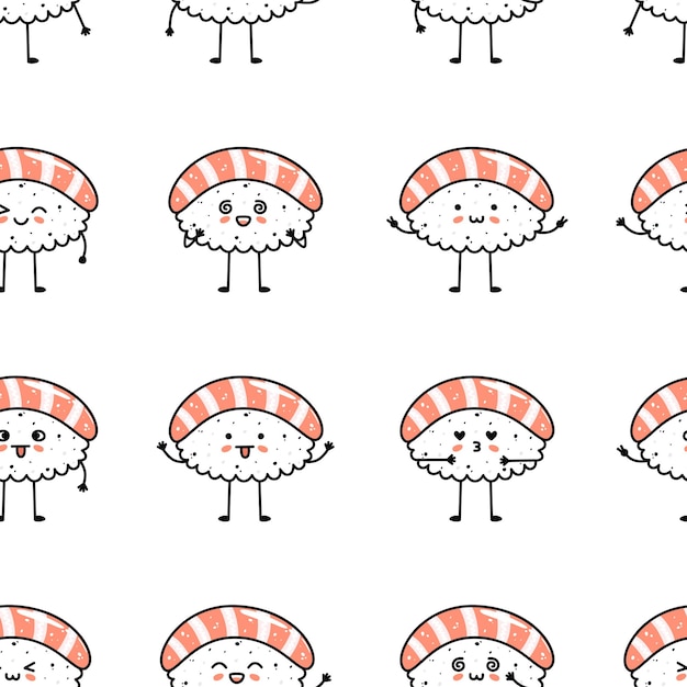 Kawaii sushi illustration Vector flat hand drawn seamless pattern