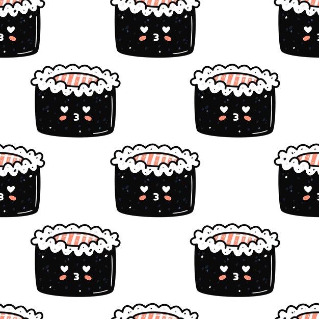 Kawaii sushi illustration Vector flat hand drawn seamless pattern