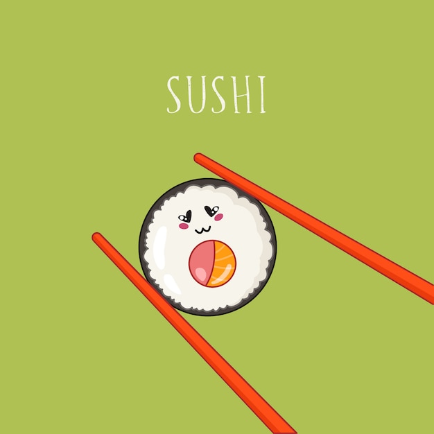 Kawaii sushi, roll and chopsticks 