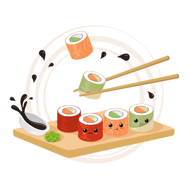 Набор персонажей суши-роллов каваи с палочками для еды, соевым соусом и васаби в плоском дизайне