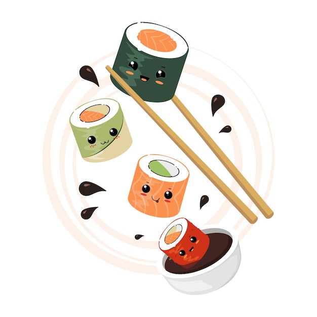 Kawaii sushi rolt karakters met sojasaus en eetstokjes in plat design