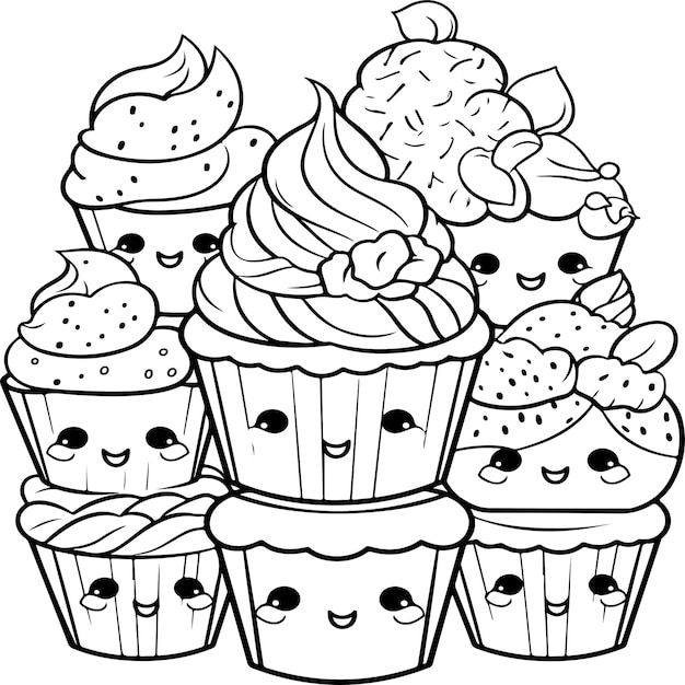 Vector kawaii sweet cupcake coloring page