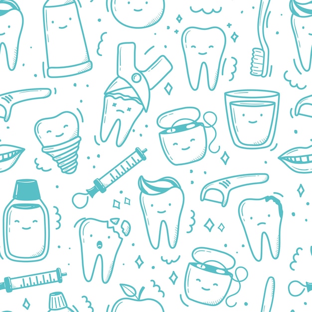 Kawaii teeth pattern hand drawn in doodle style cute linear simple illustrations