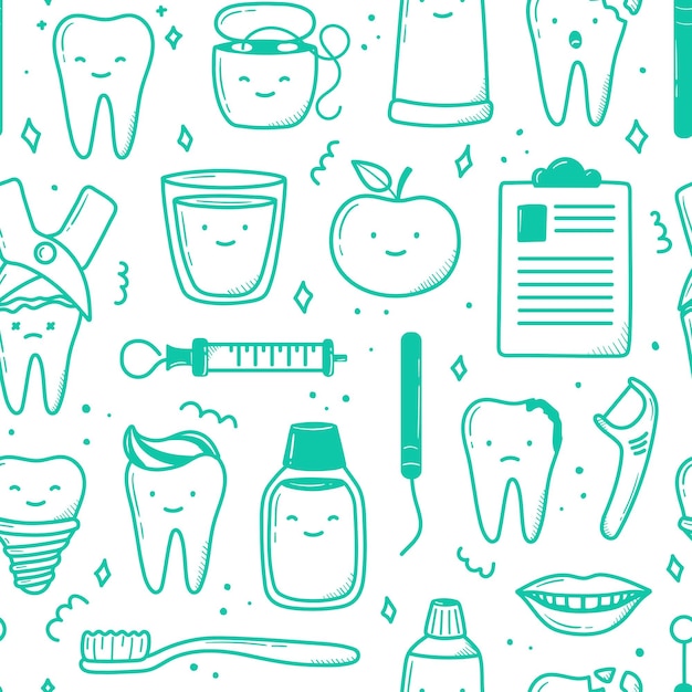 Kawaii teeth pattern hand drawn in doodle style cute linear simple illustrations