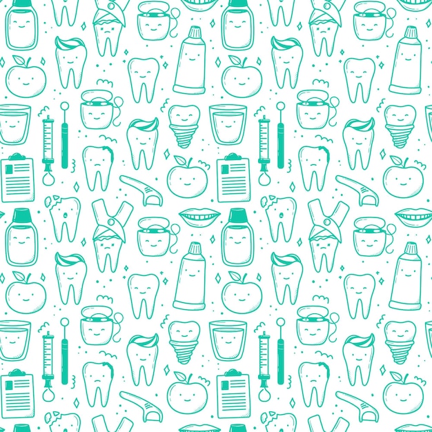 Vector kawaii teeth pattern hand drawn in doodle style cute linear simple illustrations