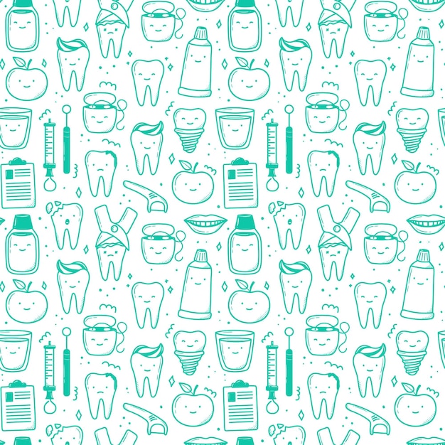 Kawaii denti modello disegnato a mano in stile doodle carino lineare semplici illustrazioni