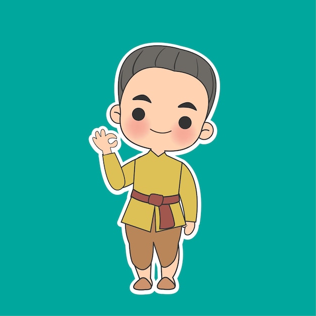 Vector kawaii thai boyl in traditional dress cartoon character