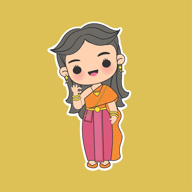 Kawaii thai girl in traditional dress cartoon character