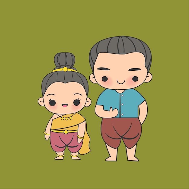 Kawaii Thai Kids in traditional dress cartoon character