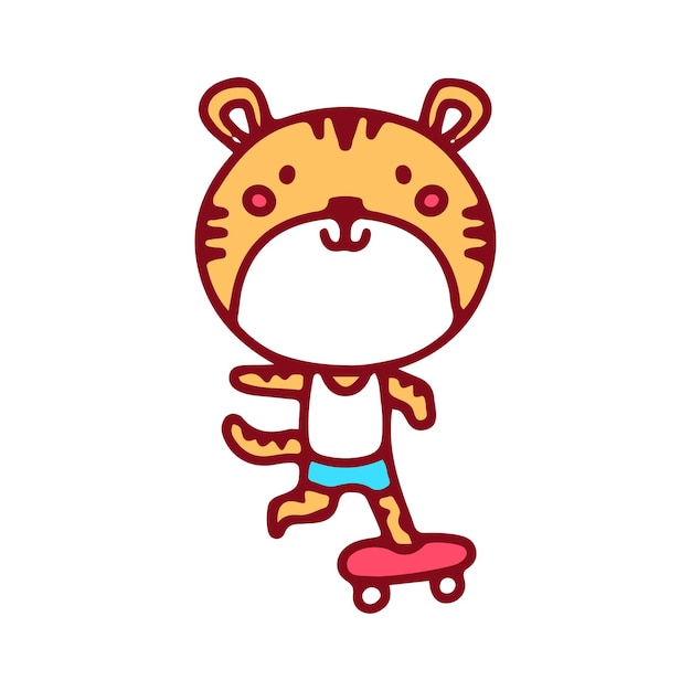 Mascotte tigre kawaii in sella a skateboard, illustrazione per t-shirt, adesivi o articoli di abbigliamento.