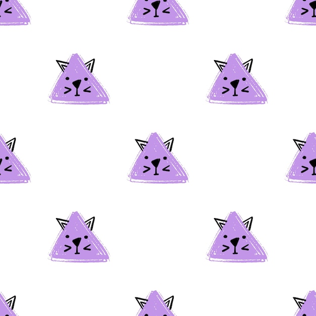 Каваи треугольник кошки бесшовные модели. вектор рука рисовать фон с лицами кошек. бесконечный фон карандашом текстура треугольника в пастельных тонах. шаблон для упаковки, детский текстиль