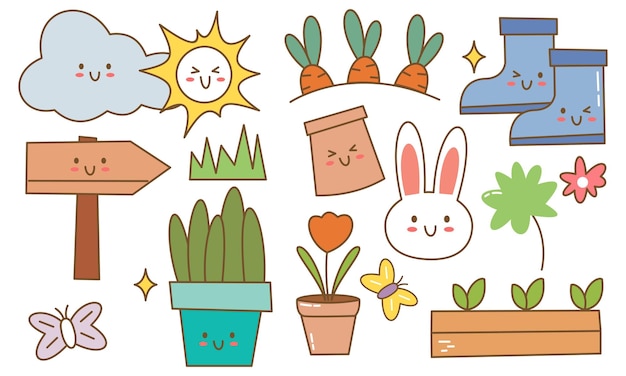 Kawaii tuin doodle set vector