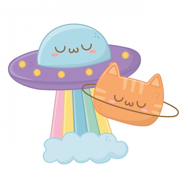 Kawaii of ufo with cat cartoon