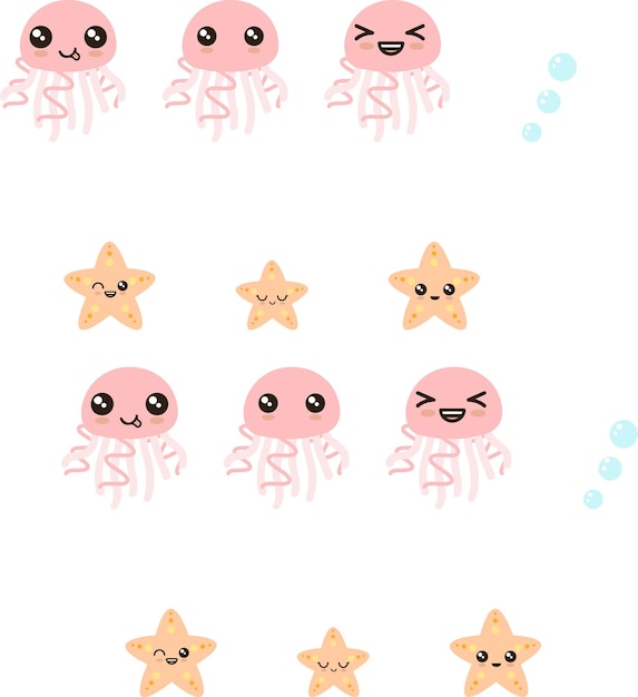 Vector kawaii undersea jellyfish amp starfish