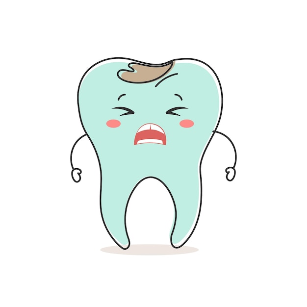 Vector kawaii unhealthy tooth with dental caries cute cartoon character dental care illustration icon