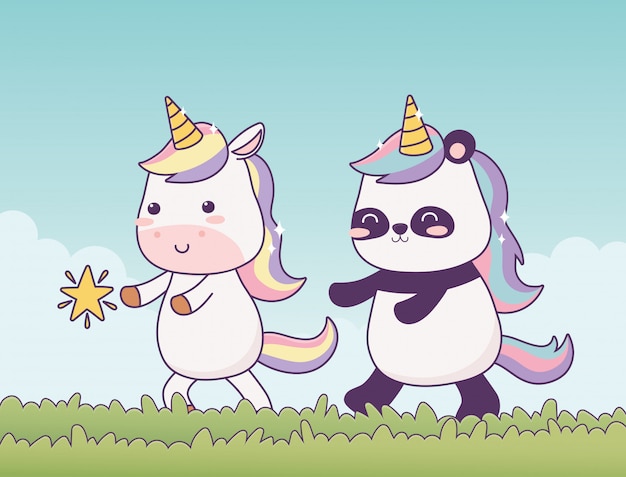 Kawaii единорог и панда в траве со звездным мультипликационным персонажем волшебной фантазии