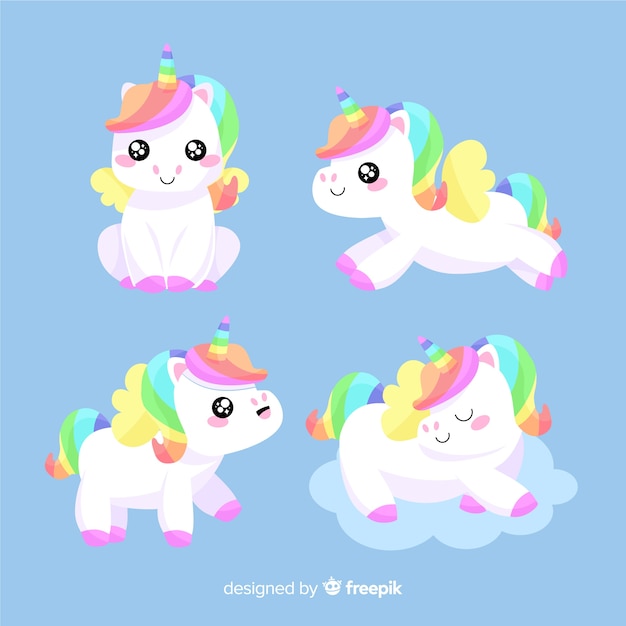 Vector kawaii unicorn character collection