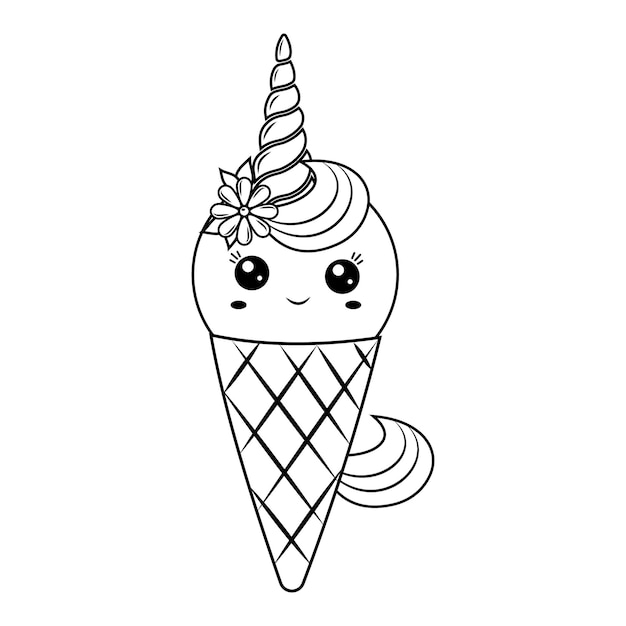 Kawaii unicorn ice cream dessert in a waffle cup black outline vector illustration in doodle style