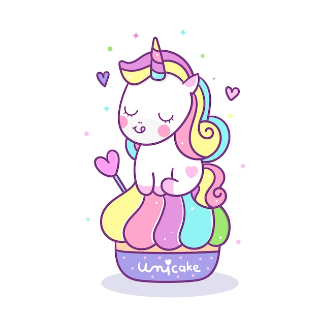 Unicorno kawaii con cartone animato dolce cupcake