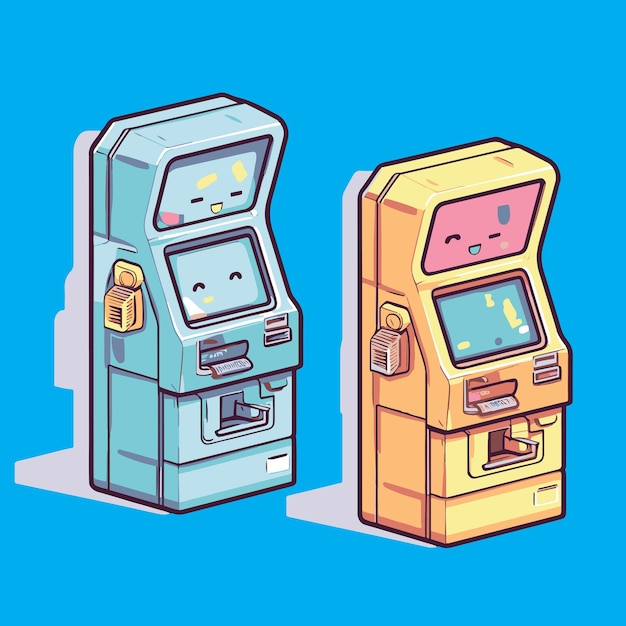 Kawaii vectorillustratie van een ouderwetse ATM-machine op een blauwe achtergrond