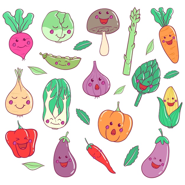 Kawaii vegetables collection with doodle art