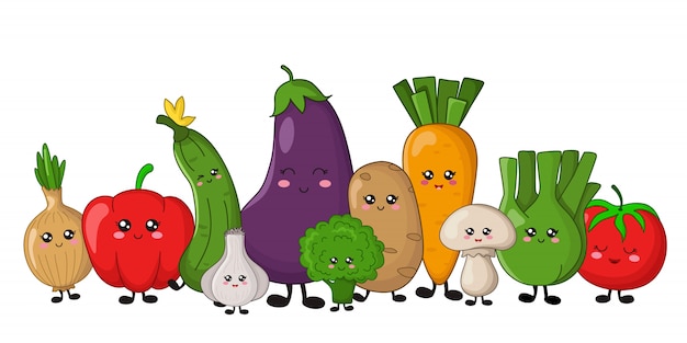 Kawaii vegetables - potato, carrots, cucumber, broccoli, celery