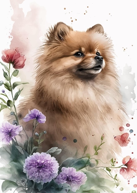 Vettore disegno dell'illustrazione del cane di pomerania dell'acquerello di kawaii