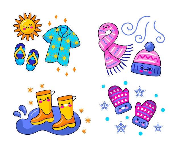 Vector kawaii weather stickers illustration