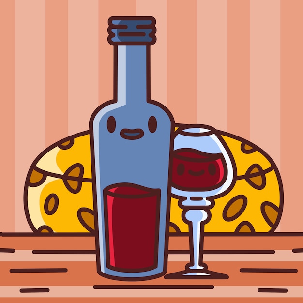 Vector kawaii wine and cheese, a bottle of red wine