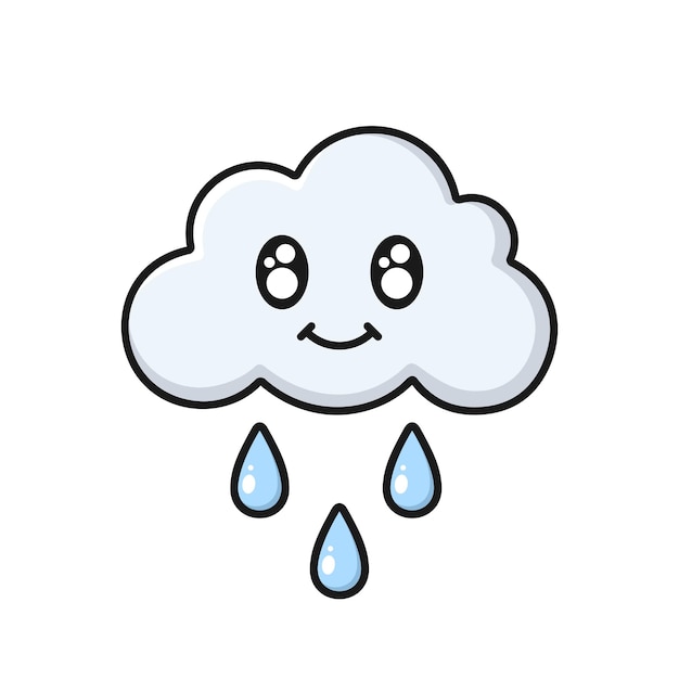 Kawaii wolk plat illustratie Witte kleine wolk met glimlachend gezicht en zwarte omtrek