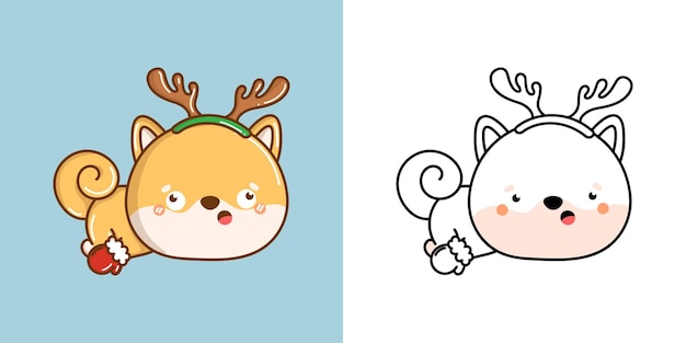 Kawaii xmas shiba inu hond veelkleurig en zwart-wit prachtige clip art kerstpuppy