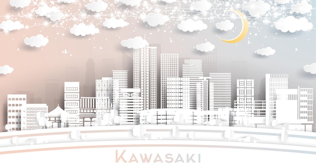 Kawasaki japan city skyline in paper cut style con white buildings moon e neon garland